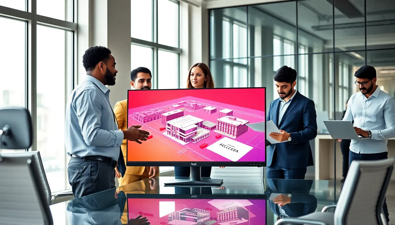 diverse team collaborating on 3D modeling software in a modern office.